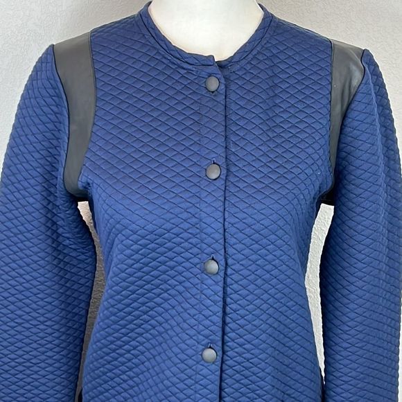 Sezane Quilted Long Line Jacket Navy with Black Leather Trim Size Medium - Picture 2 of 15